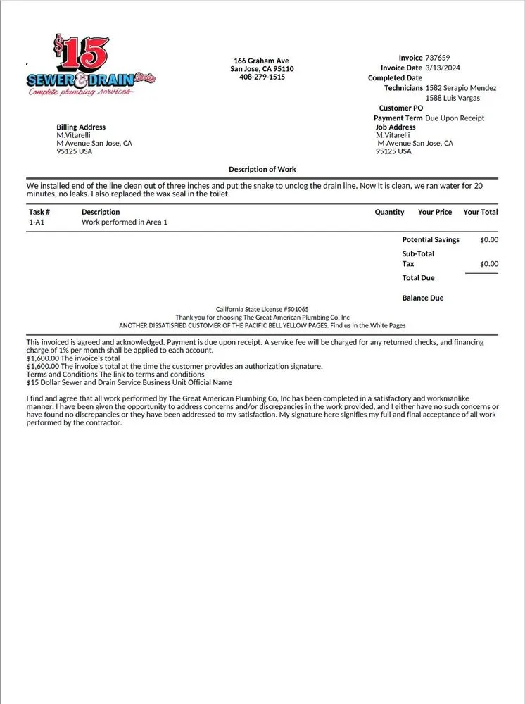 Professional drain cleaning in San Jose, CA by $15 Dollar Sewer and Drain