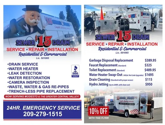 Slide of $15 Sewer & Drain Service