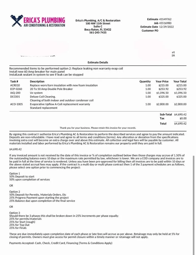 Slide of Erica's Plumbing Air Conditioning & Restoration