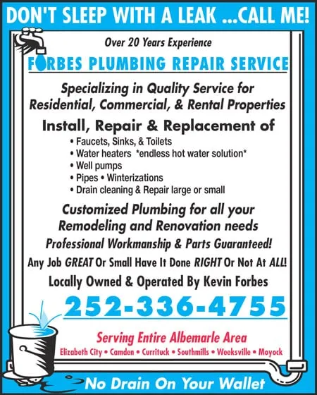 Expert drain cleaning for homes in Shawboro, NC by Forbes Plumbing