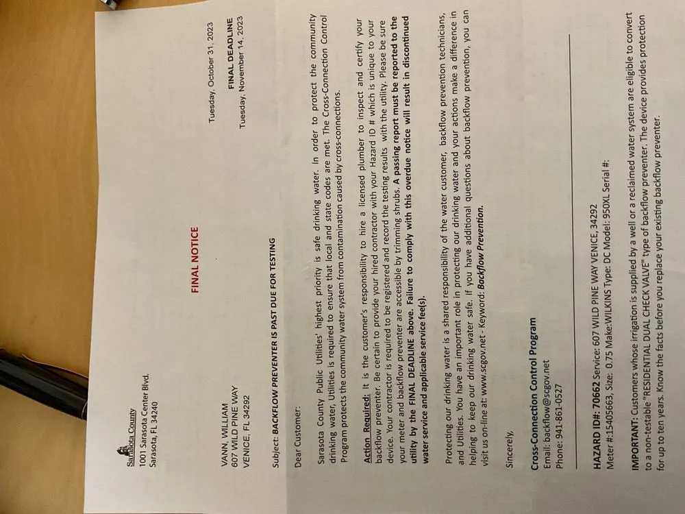 Slide of Hoopers Backflow Testing