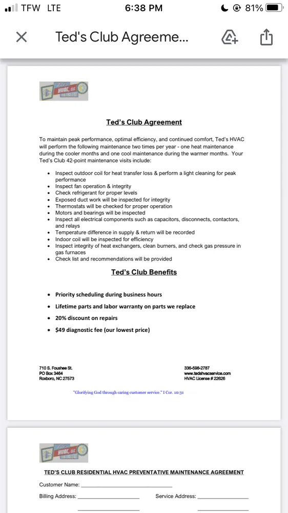 Slide of Ted's HVAC, Plumbing, & Electrical