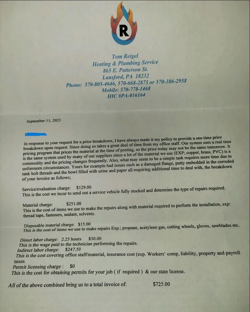 Slide of Tom Reigel Heating & Plumbing Service